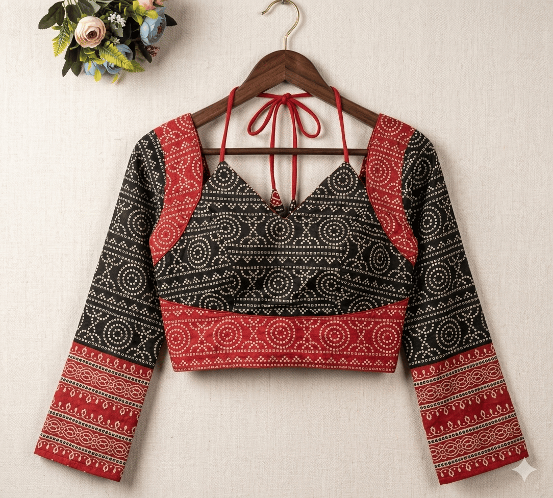 Women's Ethnic Black and Red Bandhani Print Silk Blend Blouse