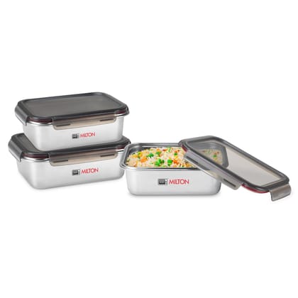 MILTON Modulo Steel Rectangular Container with lock lid, Set of 3 (600,1200 & 2200 ml)|Airtight & Leakproof Microwave & Oven safe| Light Weight | School, Office or Picnic use, Silver