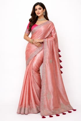 Peach Velvet Saree with Pink Embroidered Blouse Peach Velvet Saree with Pink Embroidered Blouse