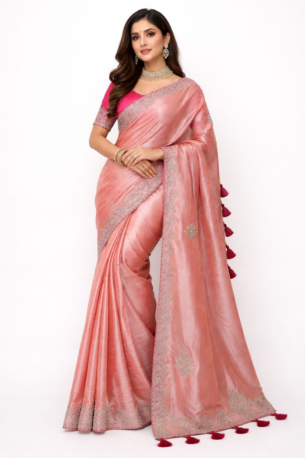 Peach Velvet Saree with Pink Embroidered Blouse