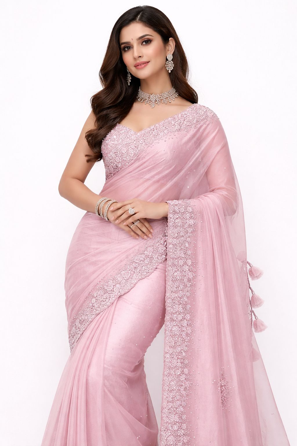 Dusty Pink Embellished Saree with Matching Embroidered Blouse