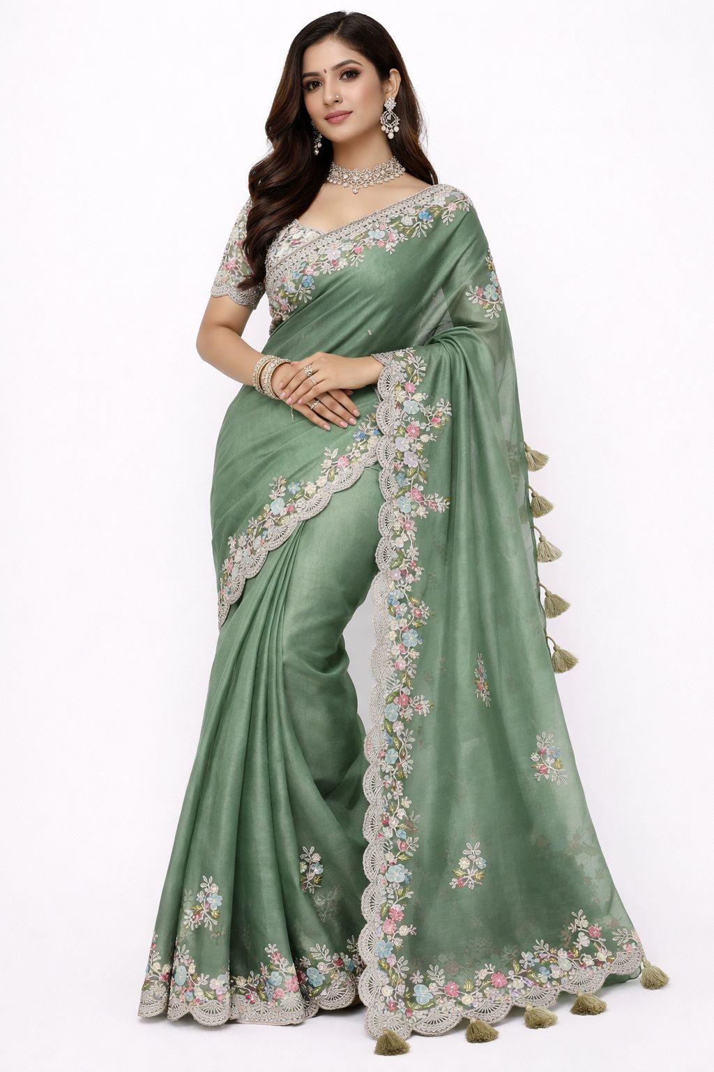 Sage Green Embroidered Saree with Embellished Blouse Set
