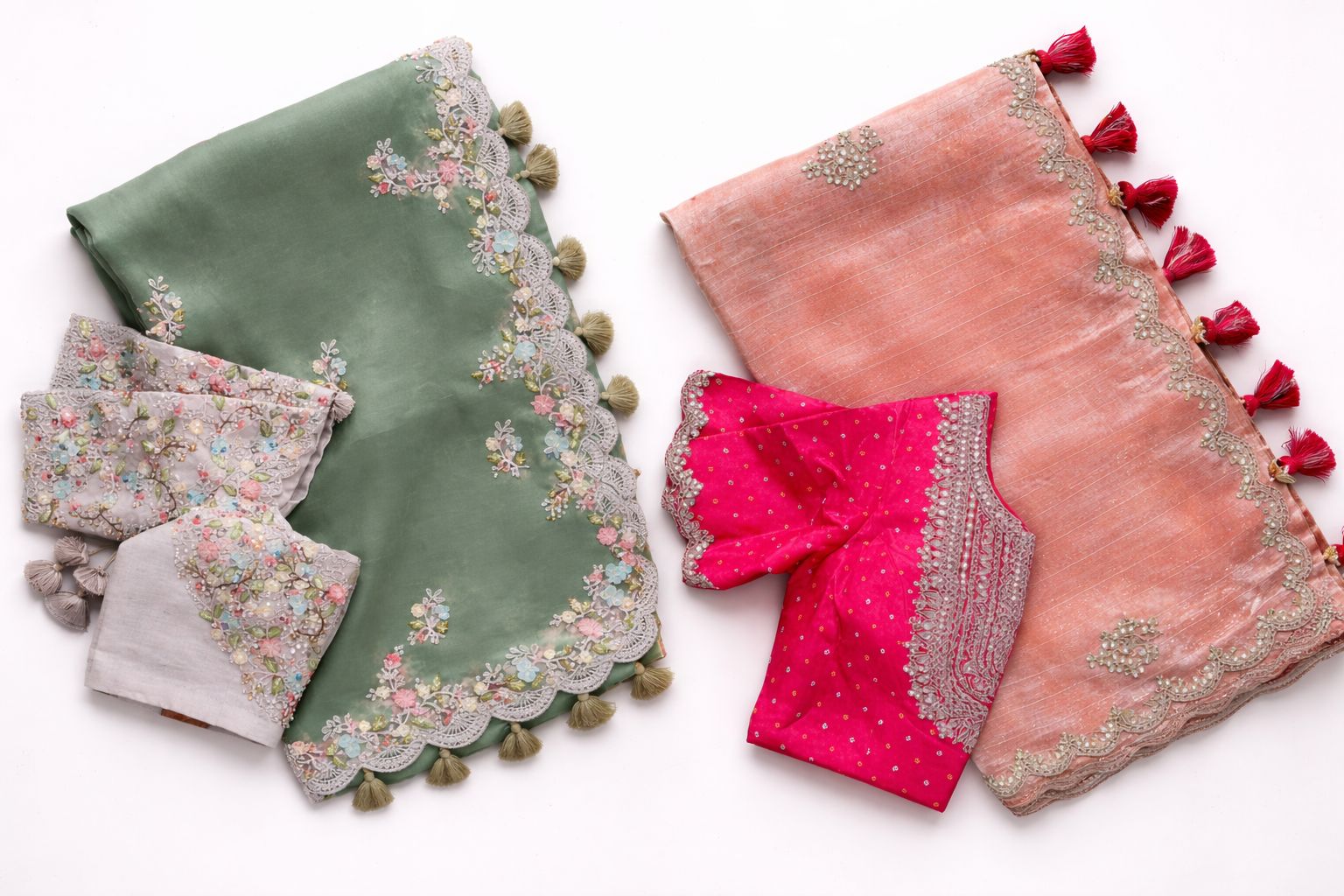 Peach and Sage Green Designer Embroidered Saree Set