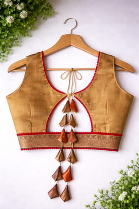 Women's Golden Silk Sleeveless Designer Blouse with Dori and Latkan Women's Golden Silk Sleeveless Designer Blouse with Dori and Latkan