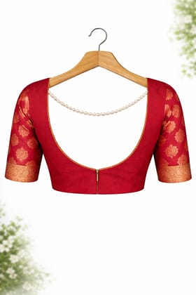 Women's Red Brocade Silk Elbow Length Sleeve Blouse with Pearl Back Detail Women's Red Brocade Silk Elbow Length Sleeve Blouse with Pearl Back Detail