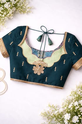 Women's Teal Silk Designer Blouse with Floral Embroidery Women's Teal Silk Designer Blouse with Floral Embroidery