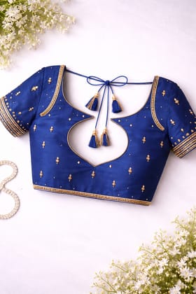Royal Blue Silk Blouse with Gold Embroidery and Dori Latkan Royal Blue Silk Blouse with Gold Embroidery and Dori Latkan