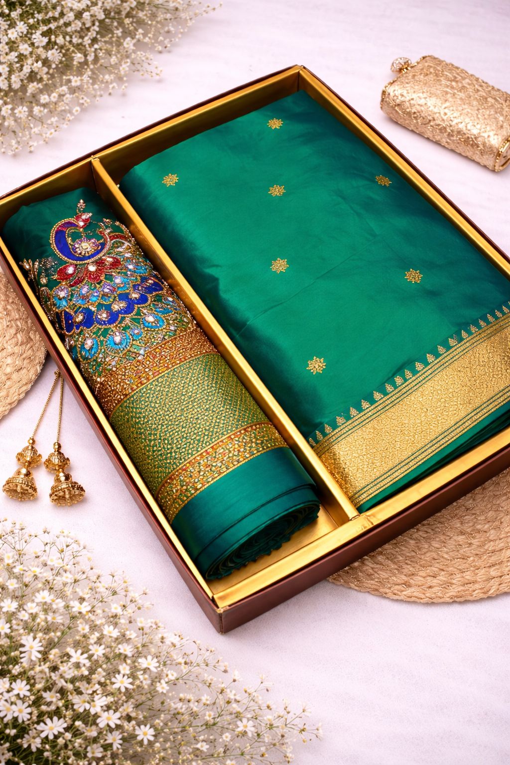 Women's Emerald Green Peacock Embroidered Silk Saree with Matching Blouse