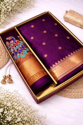Women's Royal Purple Peacock Embroidered Silk Saree with Blouse