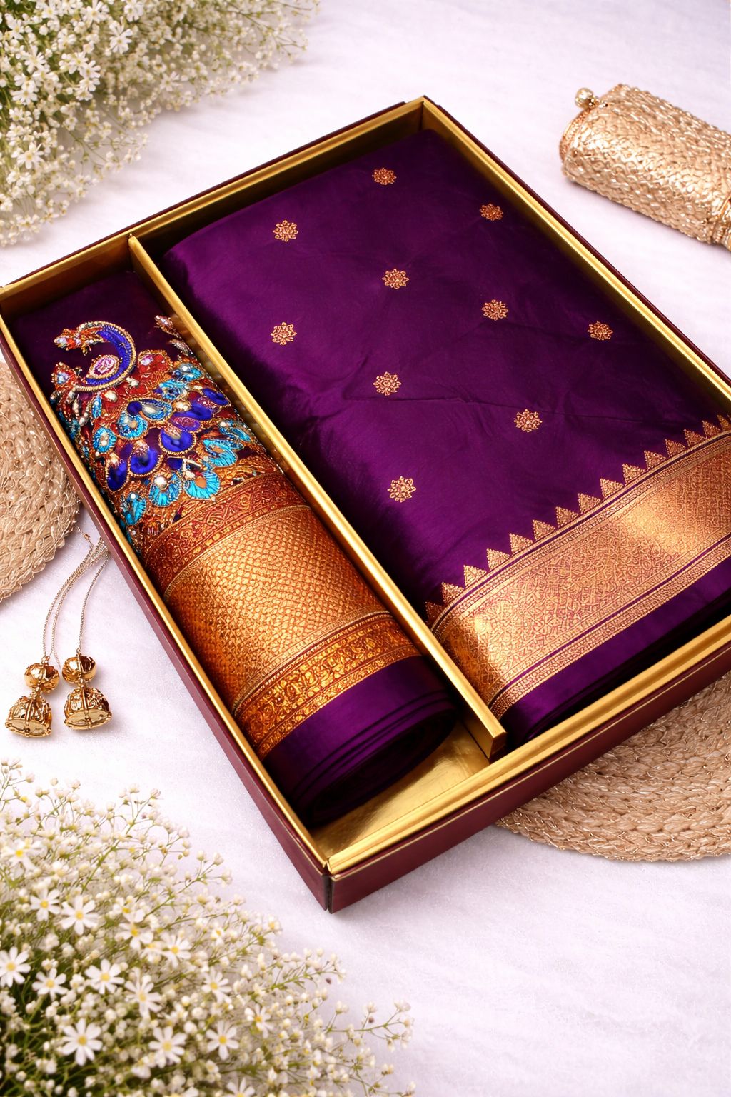 Women's Royal Purple Peacock Embroidered Silk Saree with Blouse