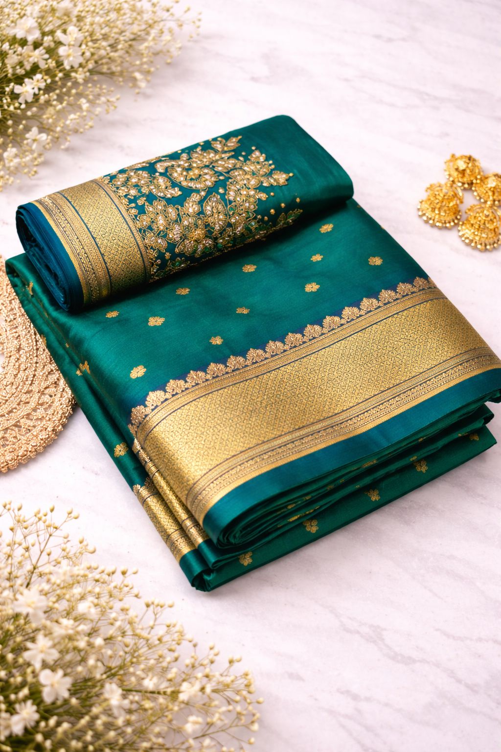 Women's Teal Blue and Green Silk Saree with Zari Border and Embroidered Blouse