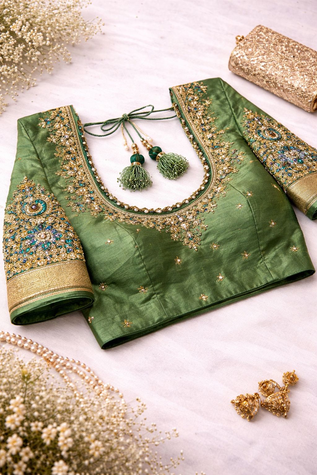 Emerald Green Embroidered Silk Saree Blouse with Tassels