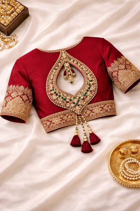 Exquisite Maroon Embroidered Silk Saree Blouse with Tassels