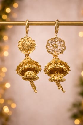 Traditional Gold Plated Jhumka Earrings with Floral and Filigree Detailing