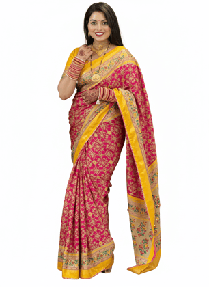 Pink and Yellow Floral Traditional Silk Blend Saree