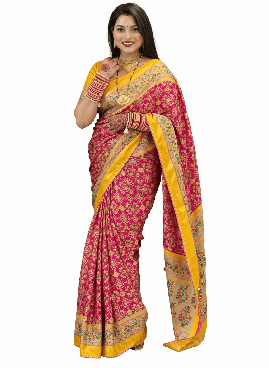 Pink and Yellow Floral Traditional Silk Blend Saree