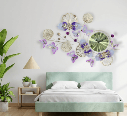 Elegant Butterfly & Floral Garden Metal Wall Art Clock – Purple & Gold 3D Sculptural Decor