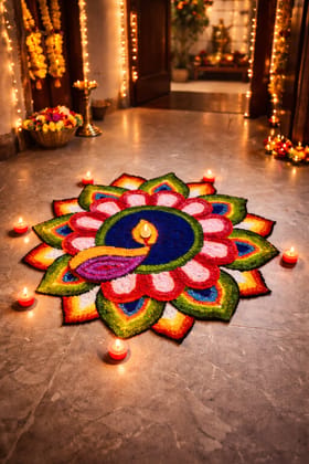 Peacock Design Decorative Rangoli Mat with Tealight Candles