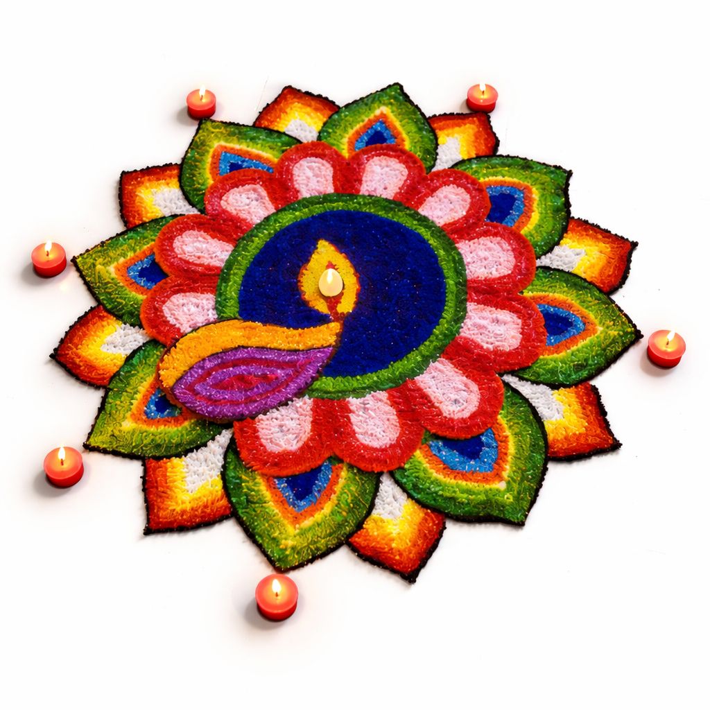 Peacock Theme Decorative Rangoli Mat with Diyas