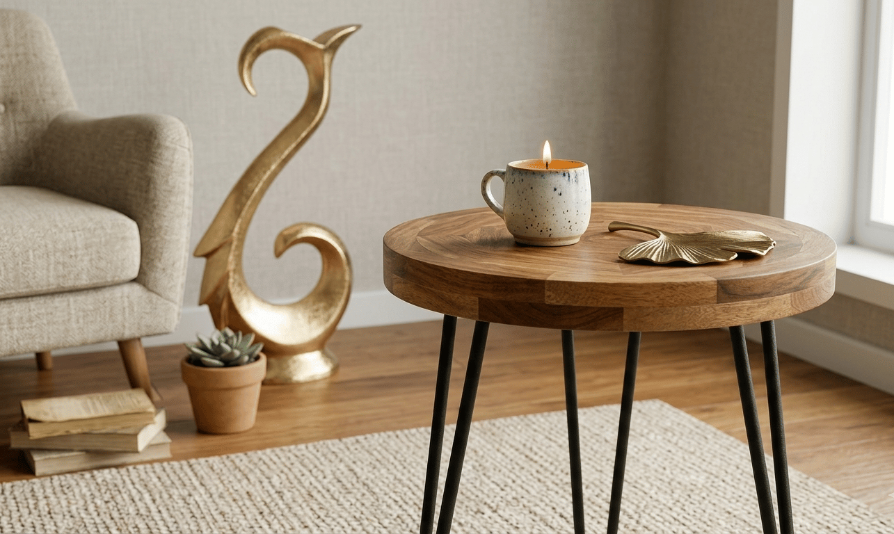 Handcrafted Round Wooden Coffee Table Iron Trio Legs Modern Table