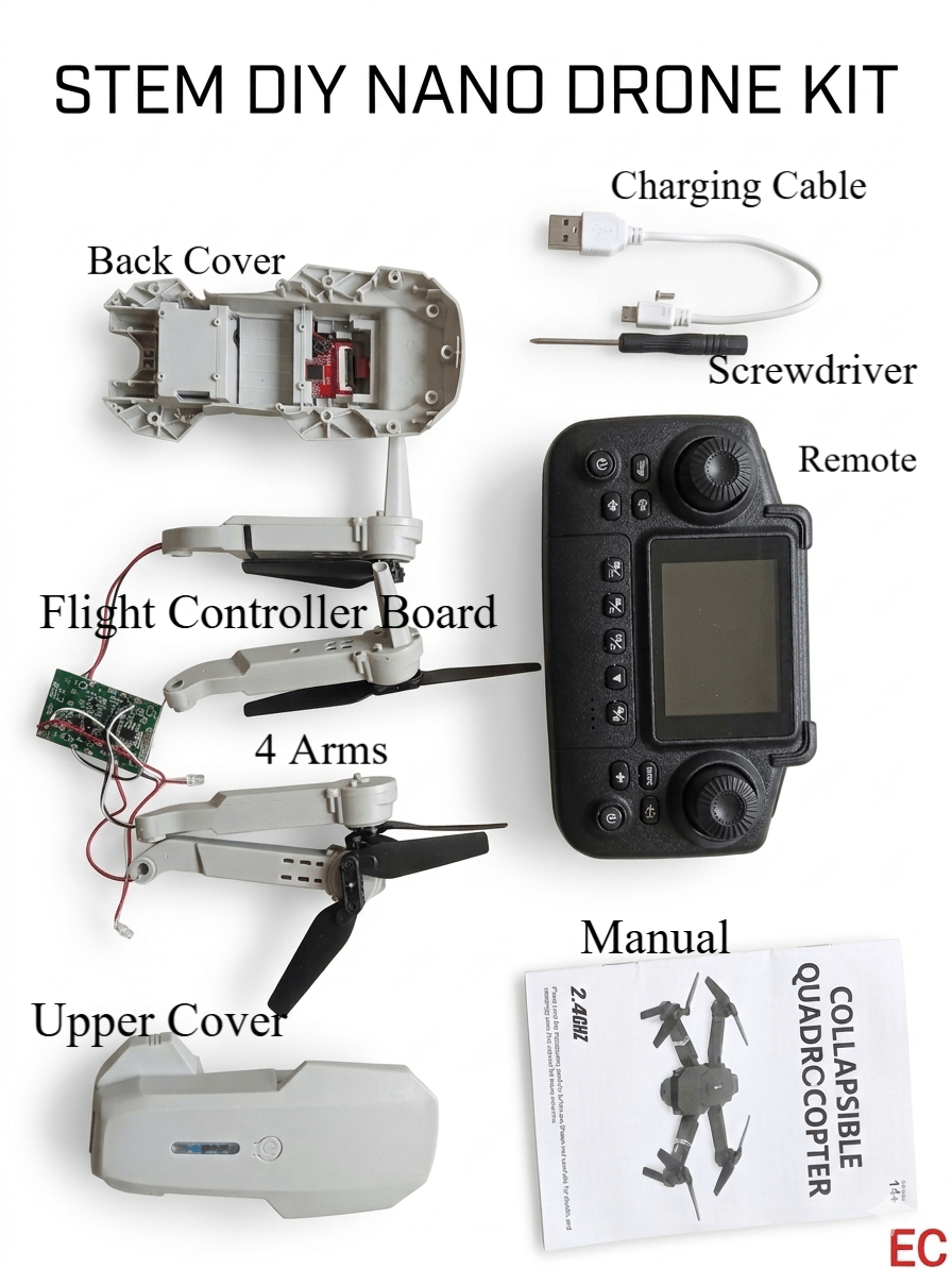 STEM DIY Nano Drone Kit (E88 Pro Screen Edition) – Build Your Own Foldable RC Quadcopter with 4K HD Dual Camera & Optical Flow Stability | Educational DIY Project for Kids & Beginners | Screen Remote Controller Included