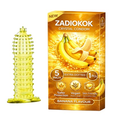 Zadiokok 5 Inch Crystal Dotted Condom Extra Dotted Banana Flavour, Reusable & Comfortable Fit (1 Pcs Set)