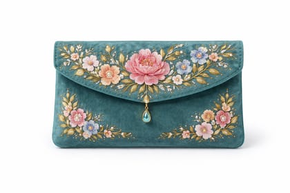Teal Floral Embroidered Velvet Evening Clutch Bag