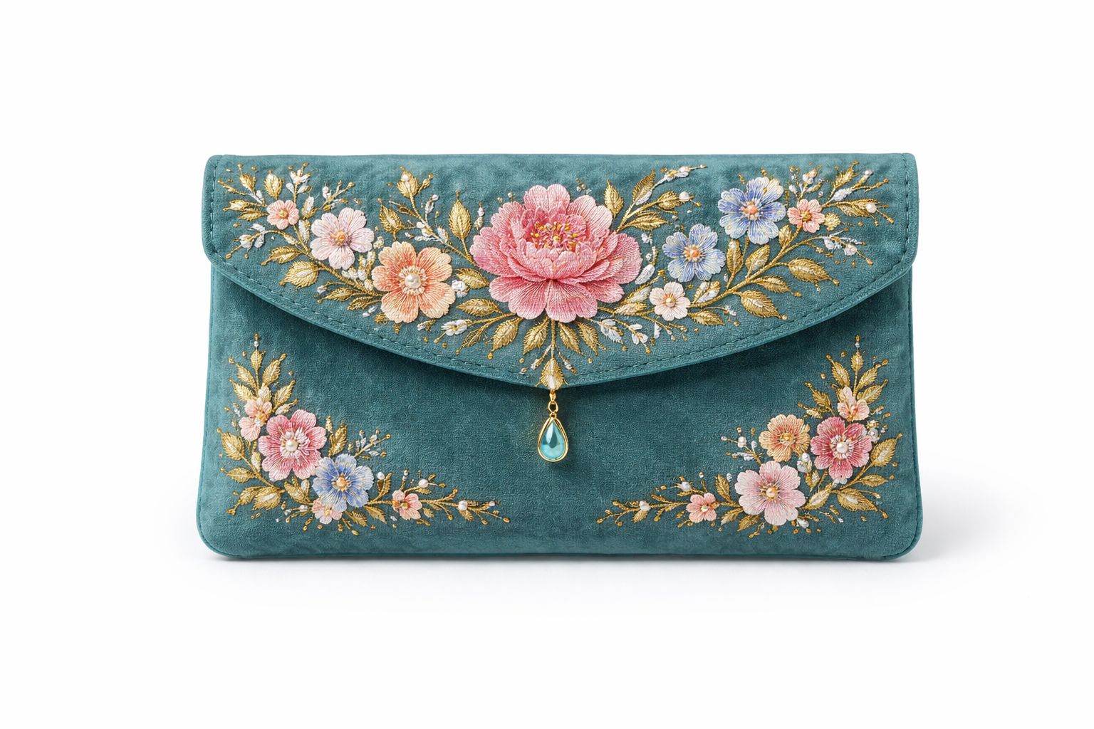 Teal Floral Embroidered Velvet Evening Clutch Bag