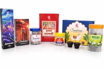 Shri Shriji - Flam the Aromatic Peace | Ultimate Puja Samagri  Spiritual Combo Pack | Includes Chandan & Lavender Dhoop, Mogra Sticks, Bhimseni Camphor, Sambrani Cups & Hawan Samgri