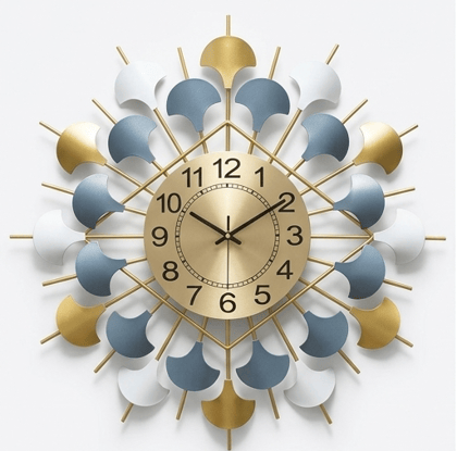 Radiant Petal Metallic Wall Clock – Geometric Sunburst Design in Azure & Gold