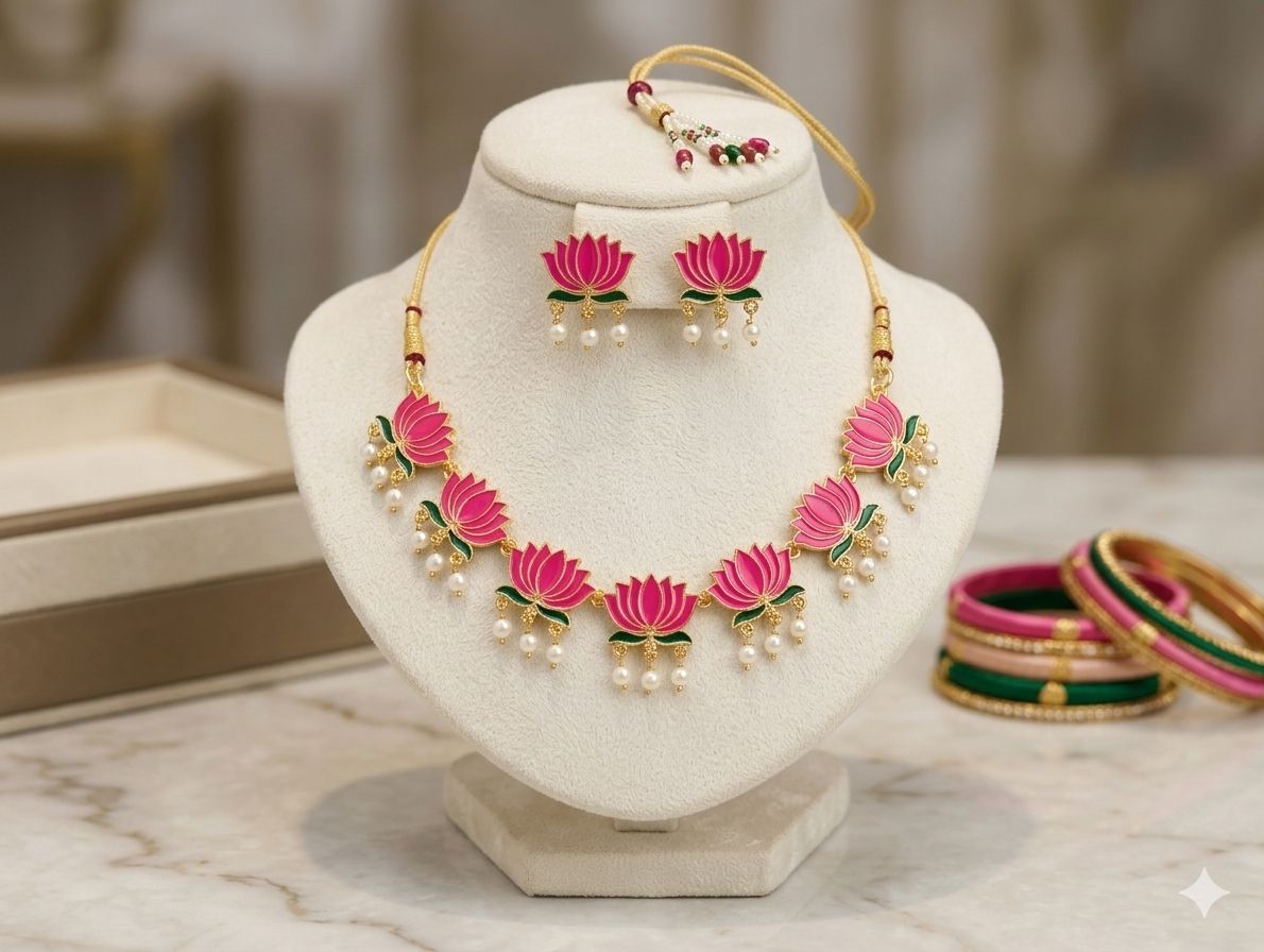 Rich Jewellery Floral Lotus Enamel Necklace Set with Pearls