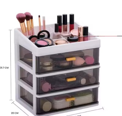 Desk Makeup Organizer, Plastic Storage Box with Sliding Drawer, Stylish Display Case for Cosmetics, Lotion, Nail Polish,Brushes,and Jewelry (3 - Layer, White)