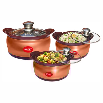 BALTRA Crown Stainless Steel Serving Casserole Set 100% Food Grade with Glass Lid | PUF Insulated Chapati Casserole for Daily Use & Gifting | Hot Box/Roti Box | Hot Pot Chapati Box for Kitchen (Crown Set of 3 (1000+1500+2000ml))