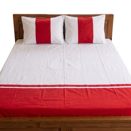 Red & White Single Strip & Patchwork Double Bedsheet Set with 2 Matching Pillow Covers | Premium Cotton Blend Bed Linen