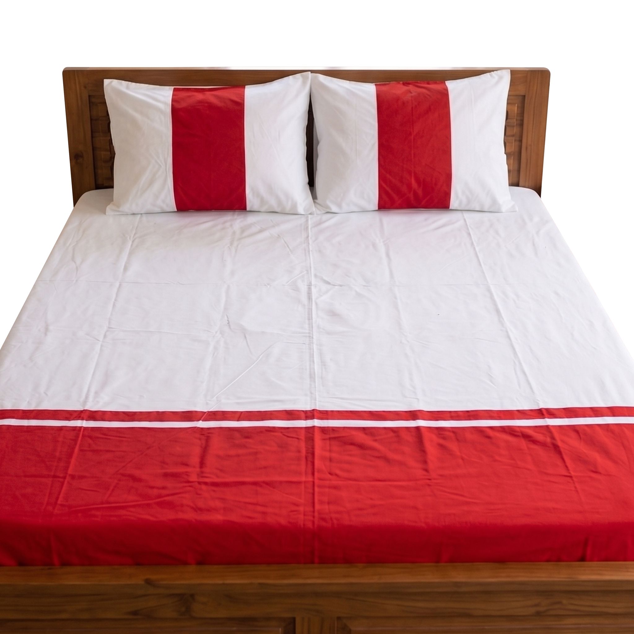 Red & White Single Strip & Patchwork Double Bedsheet Set with 2 Matching Pillow Covers | Premium Cotton Blend Bed Linen