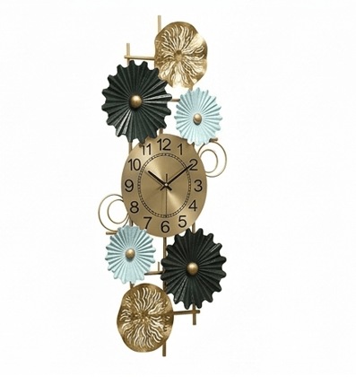 Regal Vertical Floral Wall Clock – Handcrafted Metal Art with Azure & Gold Accents