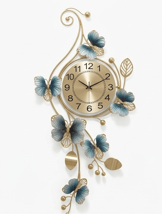 Royal Butterfly Sweep Wall Clock – Handcrafted Horizontal Metal Art in Teal & Gold