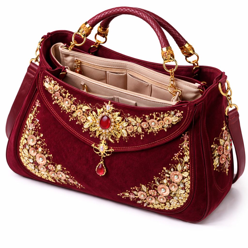 Luxury Embellished Maroon Velvet Handbag