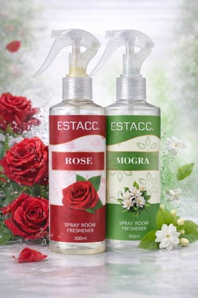 ESTACC Rose & Mogra Spray Room Freshener Combo Pack of 2 (200ml Each) | Long Lasting Floral Air Freshener Spray for Home, Office, Car, Bathroom & Living Room ESTACC Rose & Mogra Spray Room Freshener Combo Pack of 2 (200ml Each) | Long Lasting Floral Air Freshener Spray for Home, Office, Car, Bathroom & Living Room