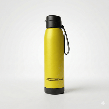 BHARATDHWAJ XON 700ml Premium PU Coated Stainless Steel Water Bottle | Insulated Hot & Cold Flask | Leakproof Travel Bottle with Strap | Matte Yellow Finish