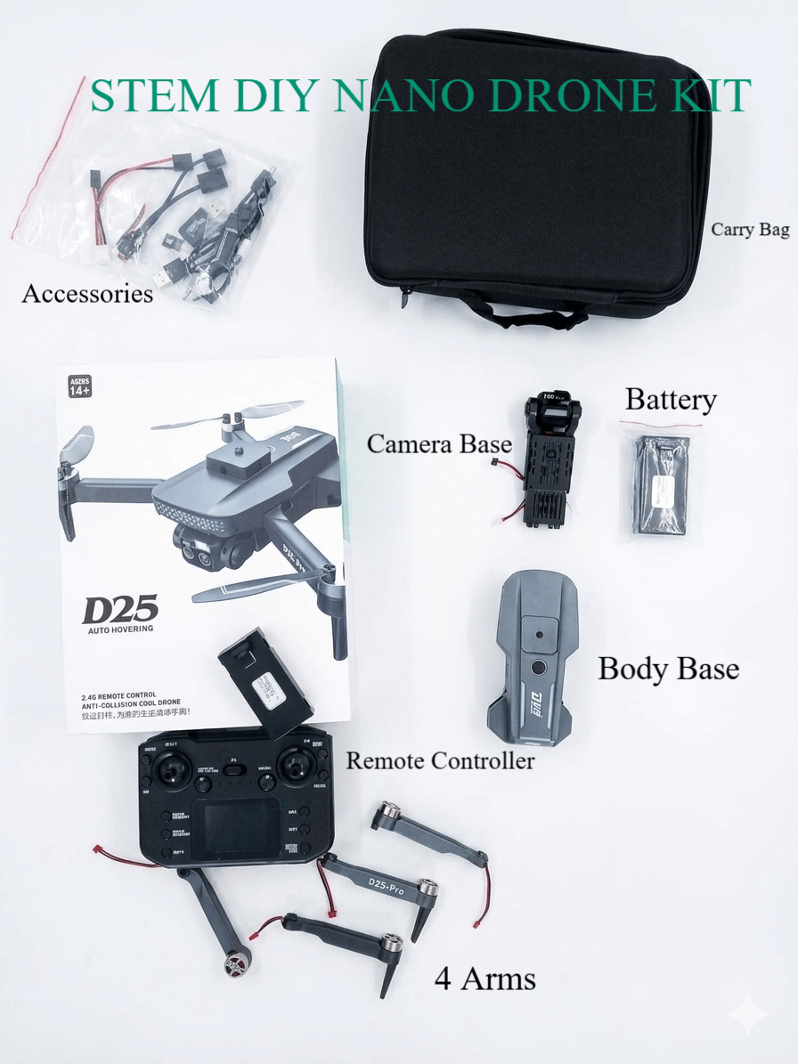 D25 STEM DIY Nano Drone Kit with 8K Dual HD Camera, Brushless Powerful Motors, GPS Stability, Obstacle Avoidance, Auto Gimbal, Screen Remote & App Control | Colorful LED Lights | Free 8GB Memory Card