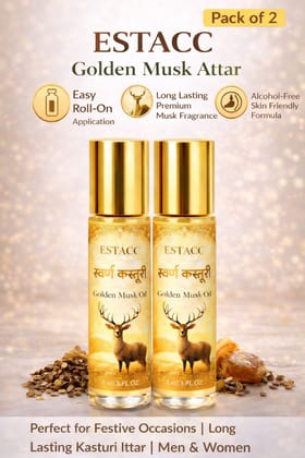 ESTACC Golden Musk Attar Roll On (Pack of 2, 8ml Each) | Long Lasting Kasturi Perfume Oil | Alcohol-Free Ittar for Pooja, Festivals & Daily Use | Unisex Fragrance ESTACC Golden Musk Attar Roll On (Pack of 2, 8ml Each) | Long Lasting Kasturi Perfume Oil | Alcohol-Free Ittar for Pooja, Festivals & Daily Use | Unisex Fragrance