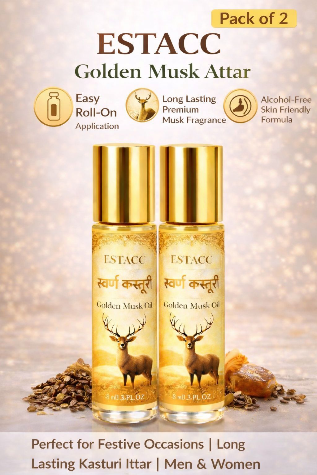 ESTACC Golden Musk Attar Roll On (Pack of 2, 8ml Each) | Long Lasting Kasturi Perfume Oil | Alcohol-Free Ittar for Pooja, Festivals & Daily Use | Unisex Fragrance