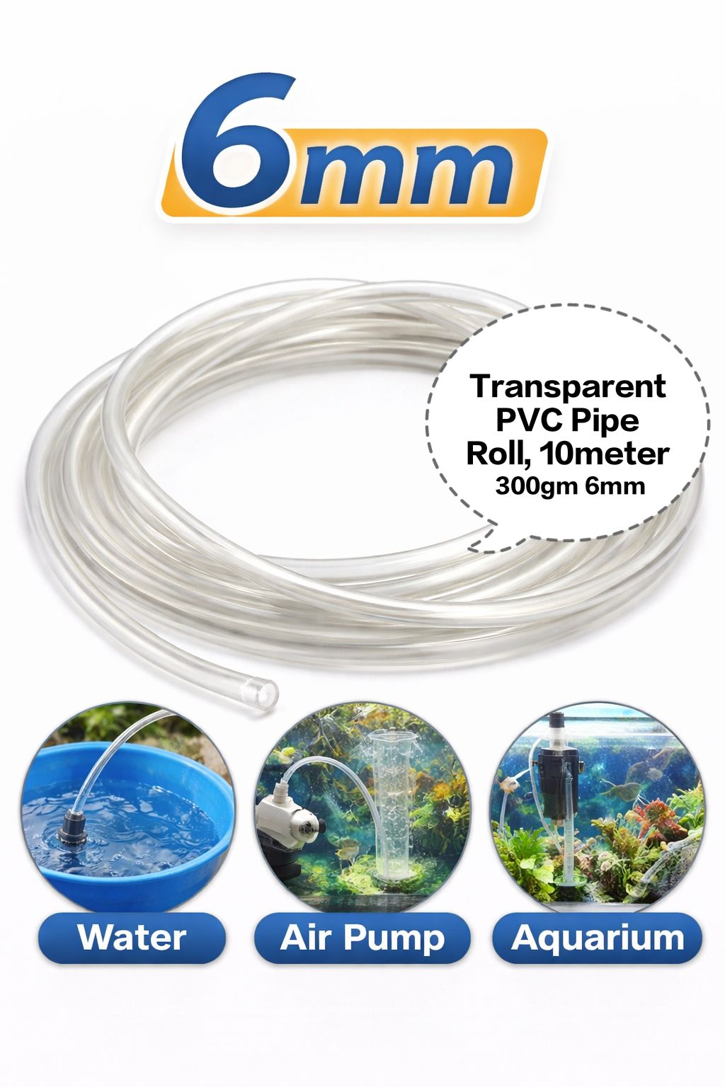 Transparent PVC Pipe Roll, Clear Flexible Hose Pipe, PVC Water Tube Pipe, Air Pump Pipe Hose, Gardening Transparent Pipe 310gm 10meter 6mm