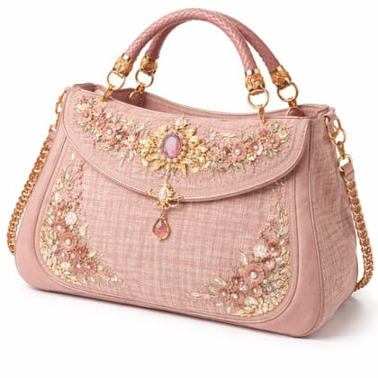 Elegant Floral Embroidered Pink Handbag with Gold Tone Accents