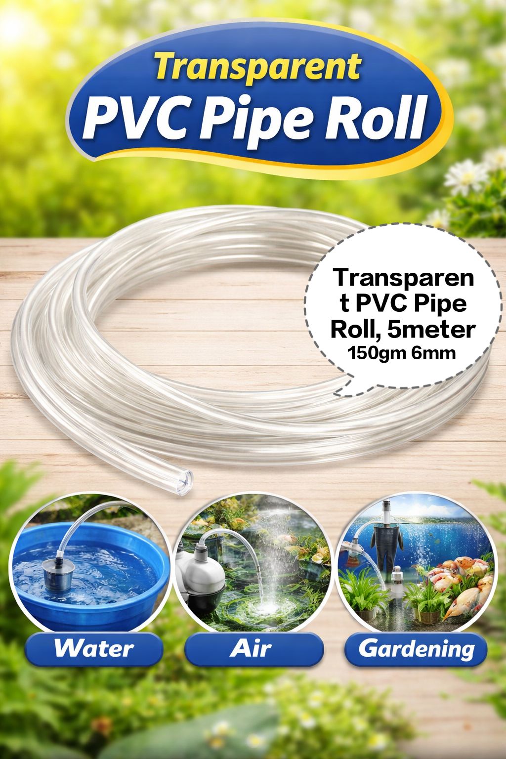 Transparent PVC Pipe Roll, Clear Flexible Hose Pipe, PVC Water Tube Pipe, Air Pump Pipe Hose, Gardening Transparent Pipe 155gm 5meter 6mm