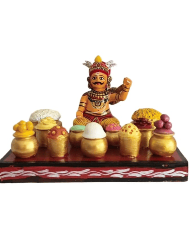 Handmade Wooden Kondapalli Bommalu King Figurine with Festive Miniature Pots