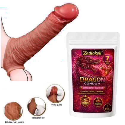 Zadiokok 7 Inch Dragon Condom Reusable Strawberry Flavour, Intense Sensation Realistic Skin Feel & Safe Protection Comfortable Fit (1 Pc) Set