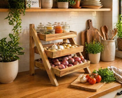 Orchid Homez Solid Wood Vegetable and Fruit Stand | Multipurpose Kitchen Organizer | Onion Baskets for Storage. Sturdy Vegetable Rack for Kitchen. Perfect Vegetable and Fruit Basket for Kitchen Storage. Durable Vegetable and Fruit Storage Unit (3 Layer).