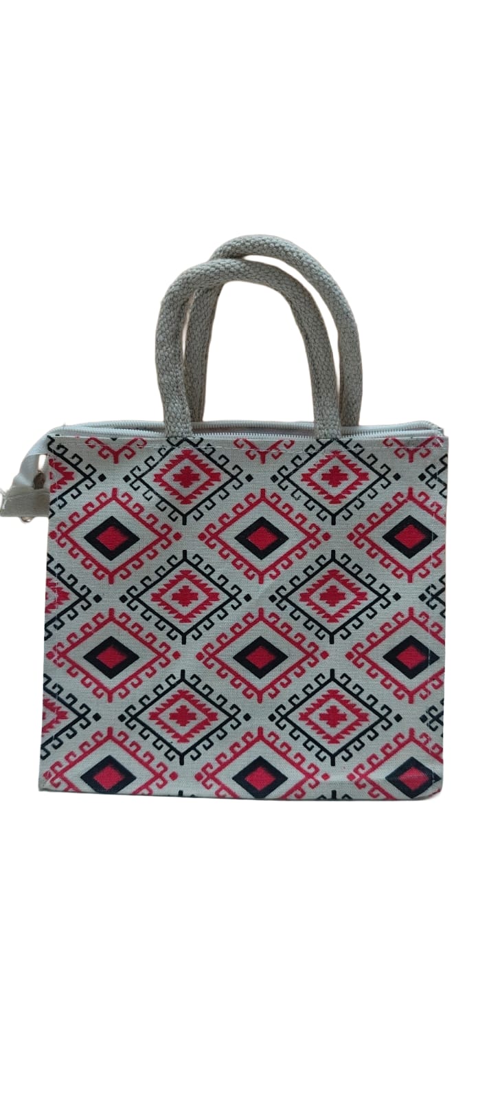 Geometric Print Jute Tote Handbag with Zipper